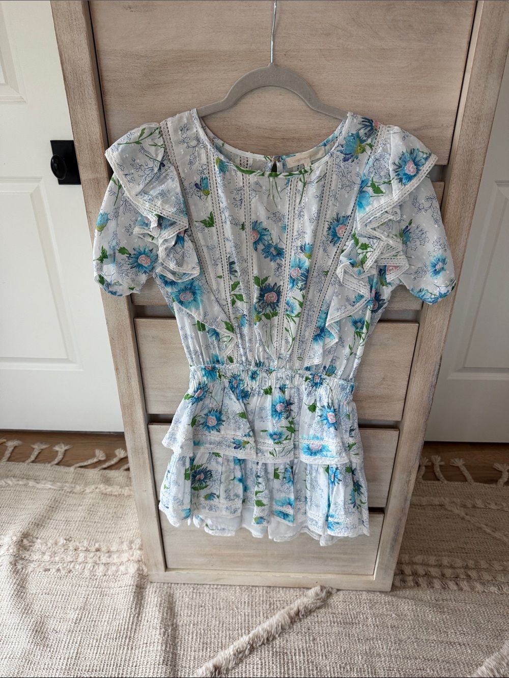 LoveShackFancy White Floral Ruffle Dress with Blue & Green Accents